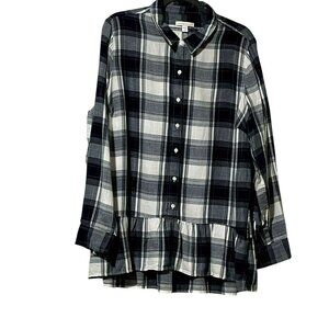 Dressbarn Westport 1962 Woman Size 1X Navy & White Plaid Ruffle Hem Shirt